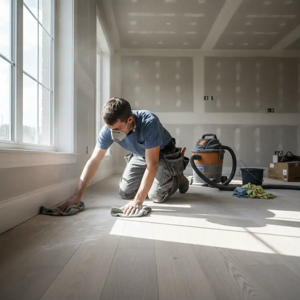 Detailed wiping of baseboards and flooring to remove drywall dust
