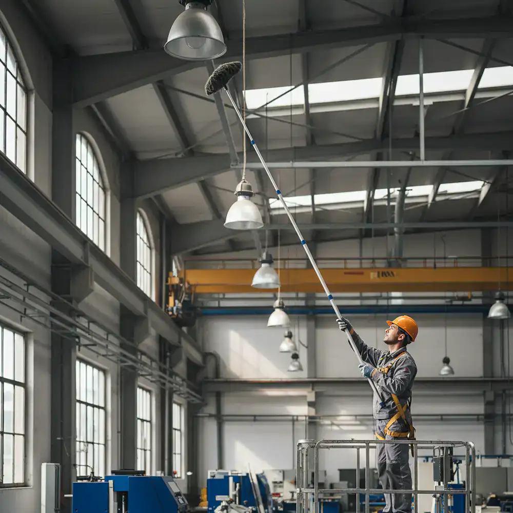 Technician wiping down high ceiling fixtures to remove dust