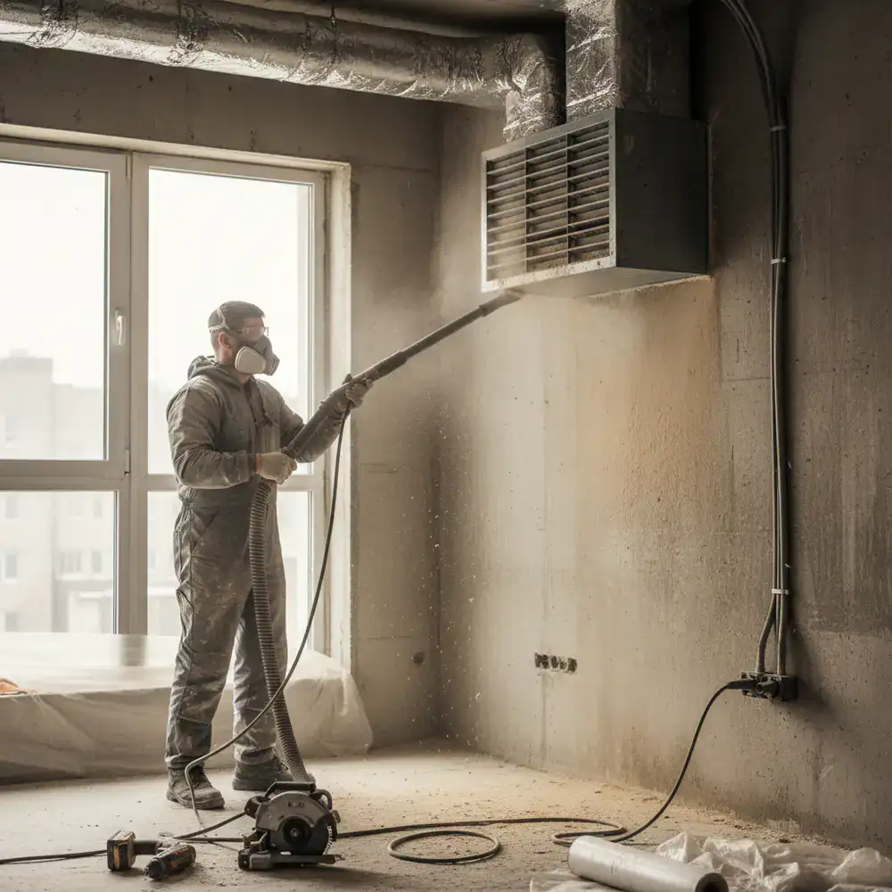 Vacuuming construction dust from an HVAC vent