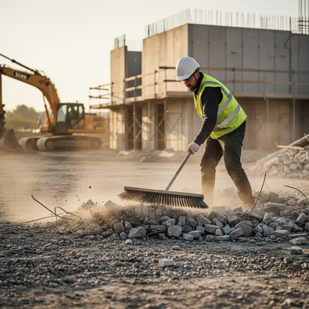 Worker sweeping up heavy debris on a construction site