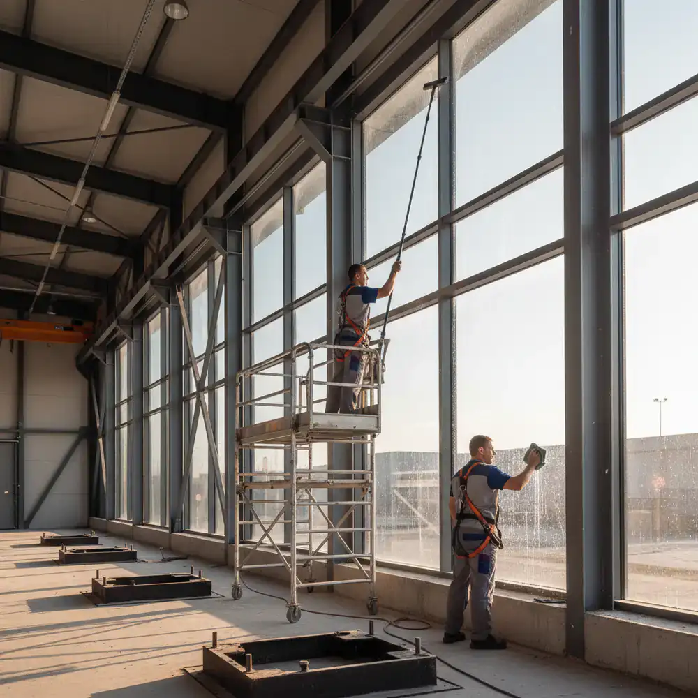 Professional cleaners detailing newly installed windows