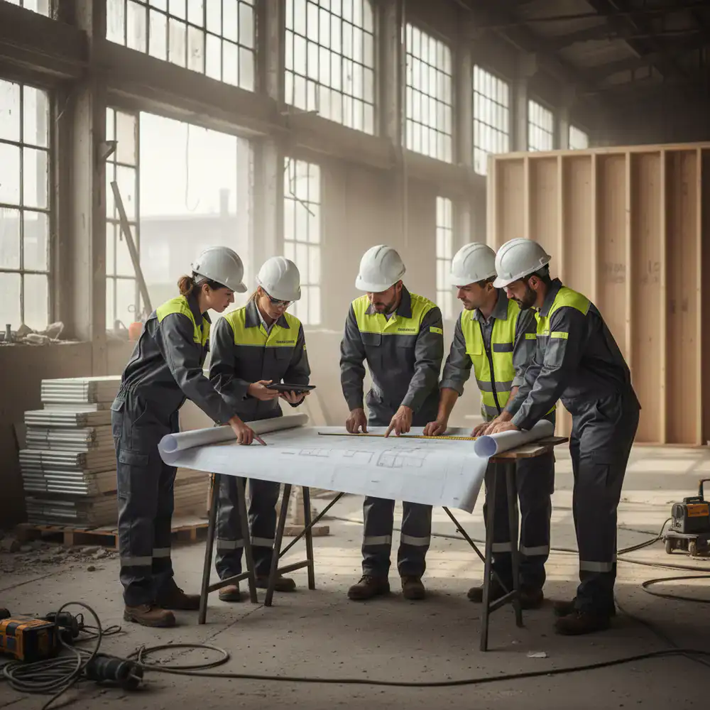 BuildClean Experts crew reviewing a renovation site plan