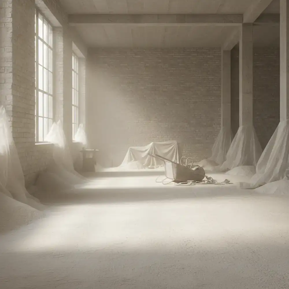 Thick construction dust covering floors and walls after a major renovation