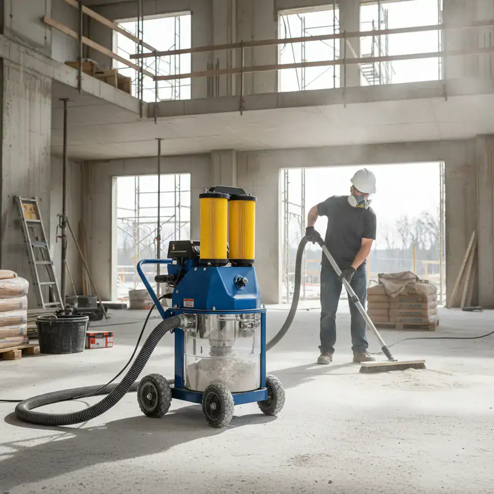 Industrial HEPA vacuum system used for fine dust removal on a job site