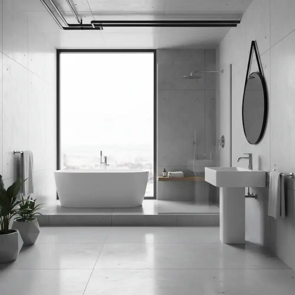 Clean modern bathroom highlighting spotless tile floors and fixtures