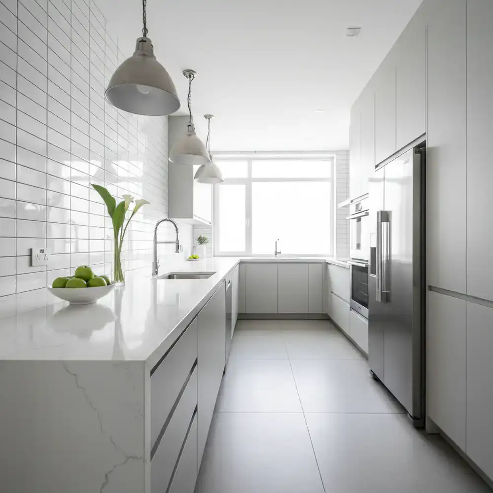 A pristine, dust-free modern kitchen with gleaming countertops after a thorough post-renovation cleanup