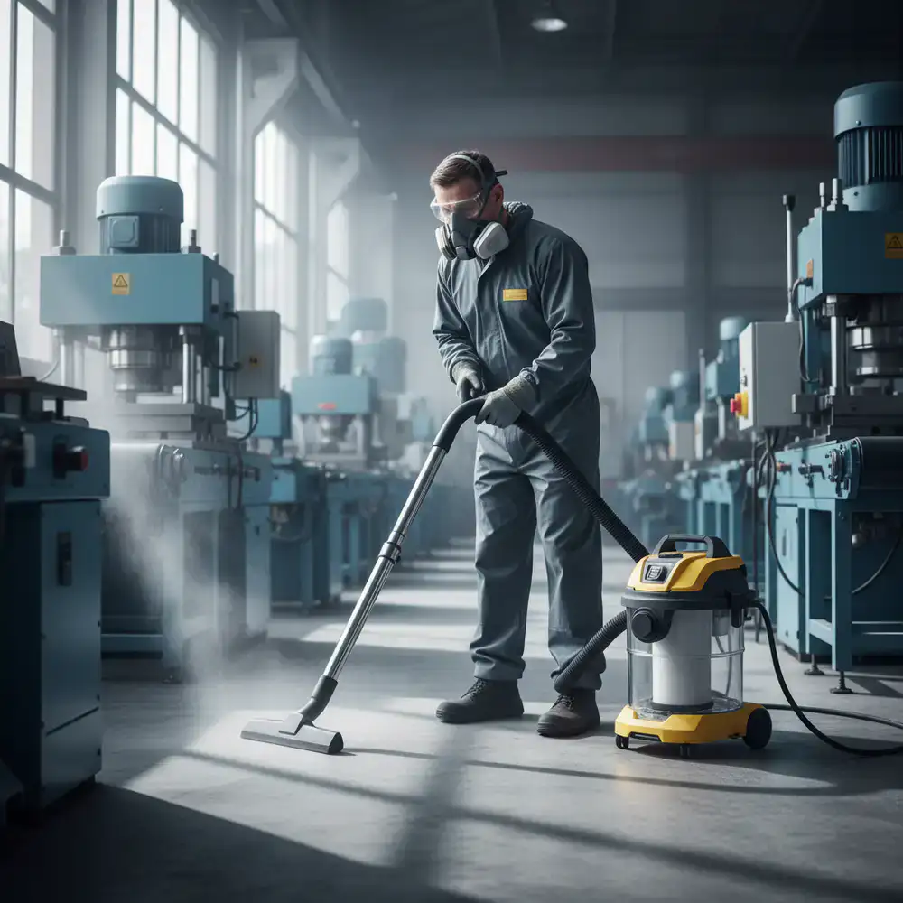 Worker using HEPA vacuum for fine dust